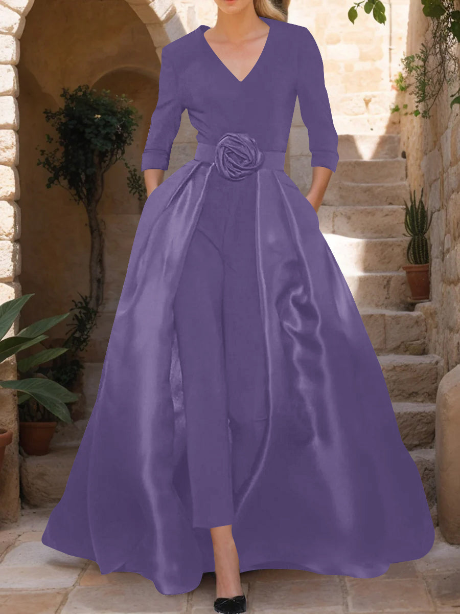 V-Neck 3/4 Sleeves Mother of the Bride Pantsuits with Flower Belt