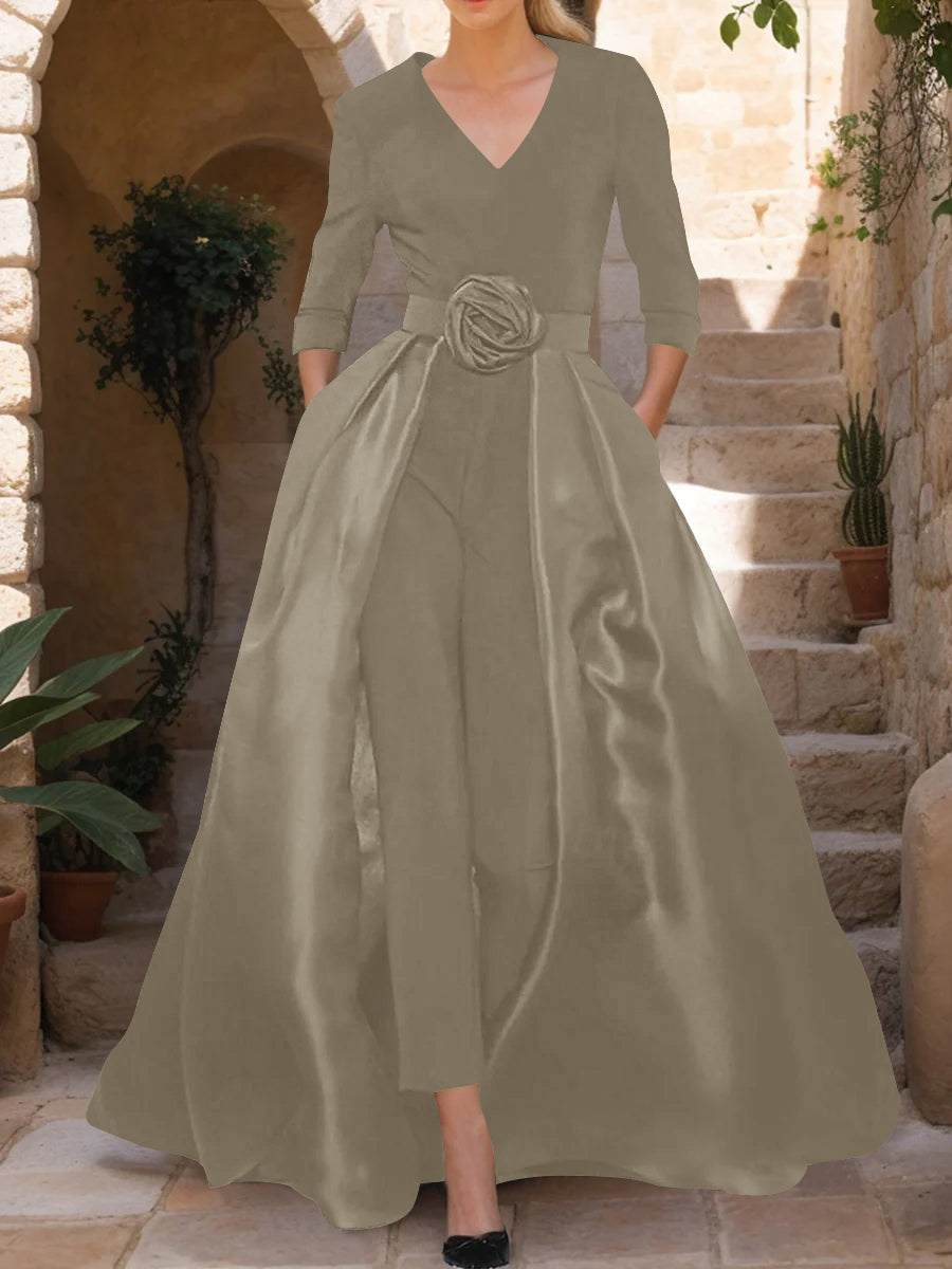 V-Neck 3/4 Sleeves Mother of the Bride Pantsuits with Flower Belt