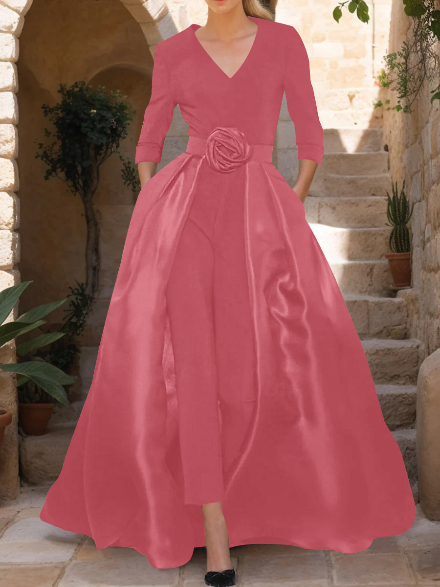 V-Neck 3/4 Sleeves Mother of the Bride Pantsuits with Flower Belt