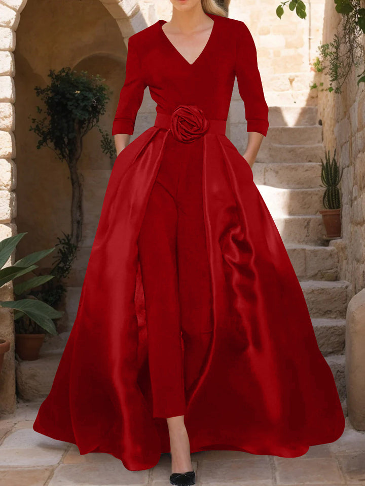V-Neck 3/4 Sleeves Mother of the Bride Pantsuits with Flower Belt