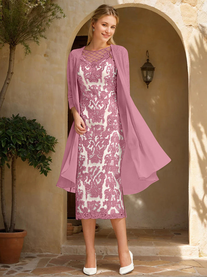 Two Pieces Sheath/Column Jewel Neck Mother of the Bride & Groom Dresses with Lace Appliques & Beadings