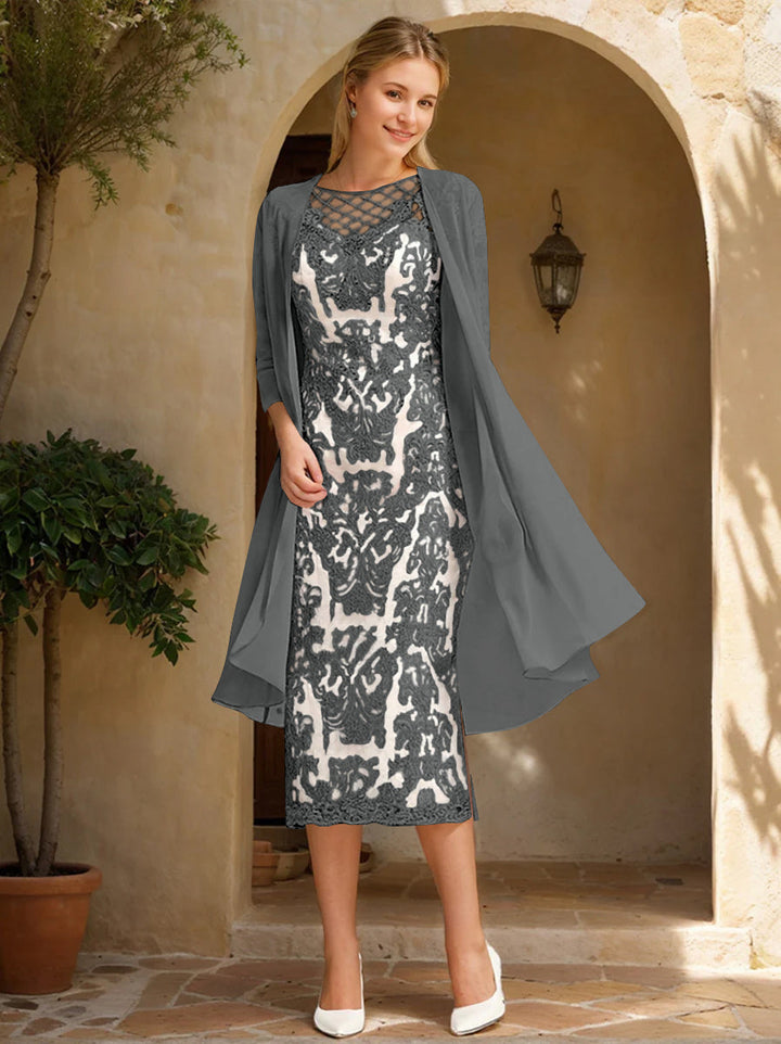 Two Pieces Sheath/Column Jewel Neck Mother of the Bride & Groom Dresses with Lace Appliques & Beadings