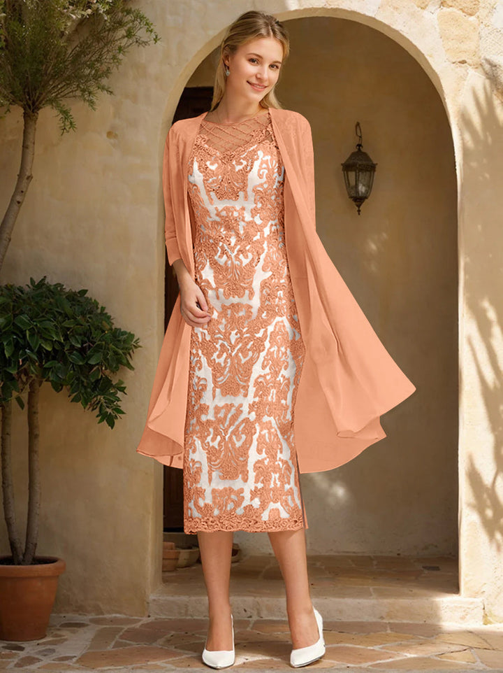 Two Pieces Sheath/Column Jewel Neck Mother of the Bride & Groom Dresses with Lace Appliques & Beadings