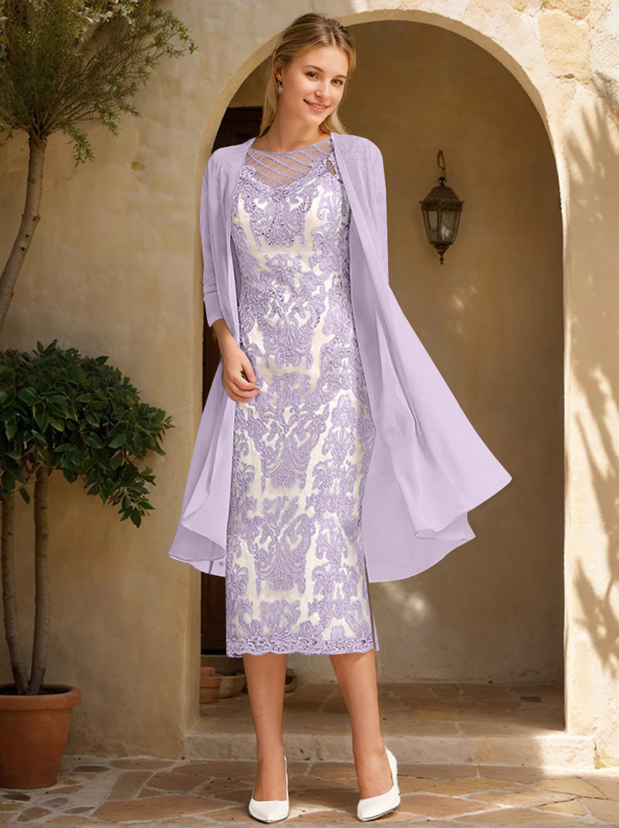 Two Pieces Sheath/Column Jewel Neck Mother of the Bride & Groom Dresses with Lace Appliques & Beadings