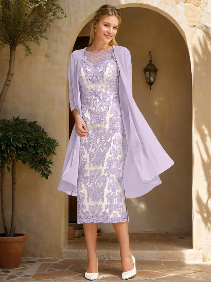 Two Pieces Sheath/Column Jewel Neck Mother of the Bride & Groom Dresses with Lace Appliques & Beadings