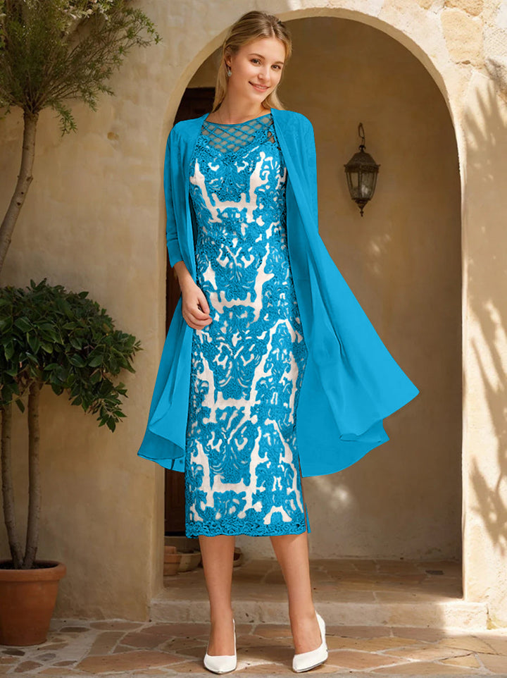 Two Pieces Sheath/Column Jewel Neck Mother of the Bride & Groom Dresses with Lace Appliques & Beadings