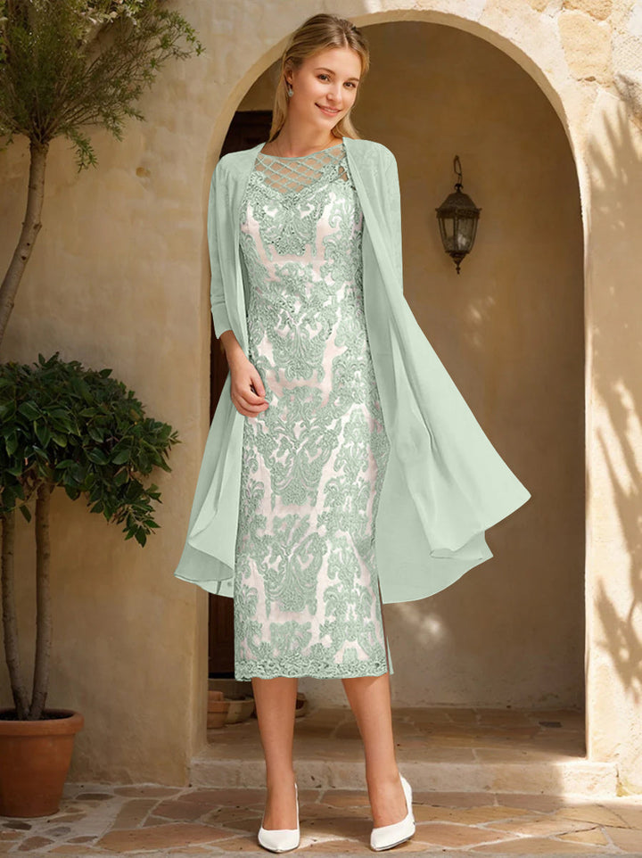 Two Pieces Sheath/Column Jewel Neck Mother of the Bride & Groom Dresses with Lace Appliques & Beadings