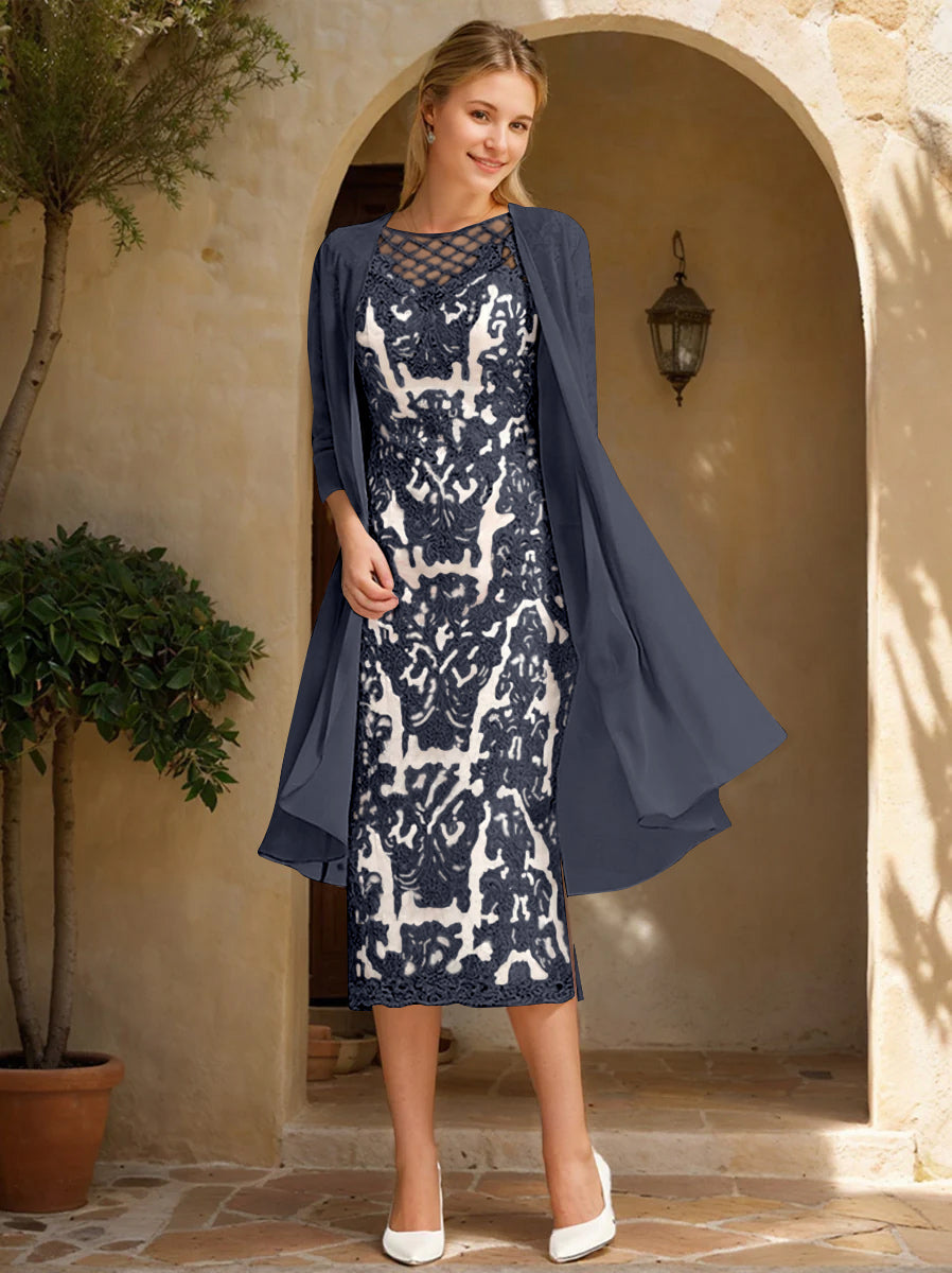 Two Pieces Sheath/Column Jewel Neck Mother of the Bride & Groom Dresses with Lace Appliques & Beadings