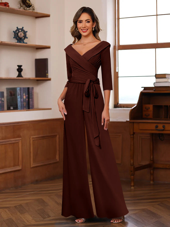 Ruched Chiffon V-Neck 3/4 Sleeves Mother of the Jumpsuit