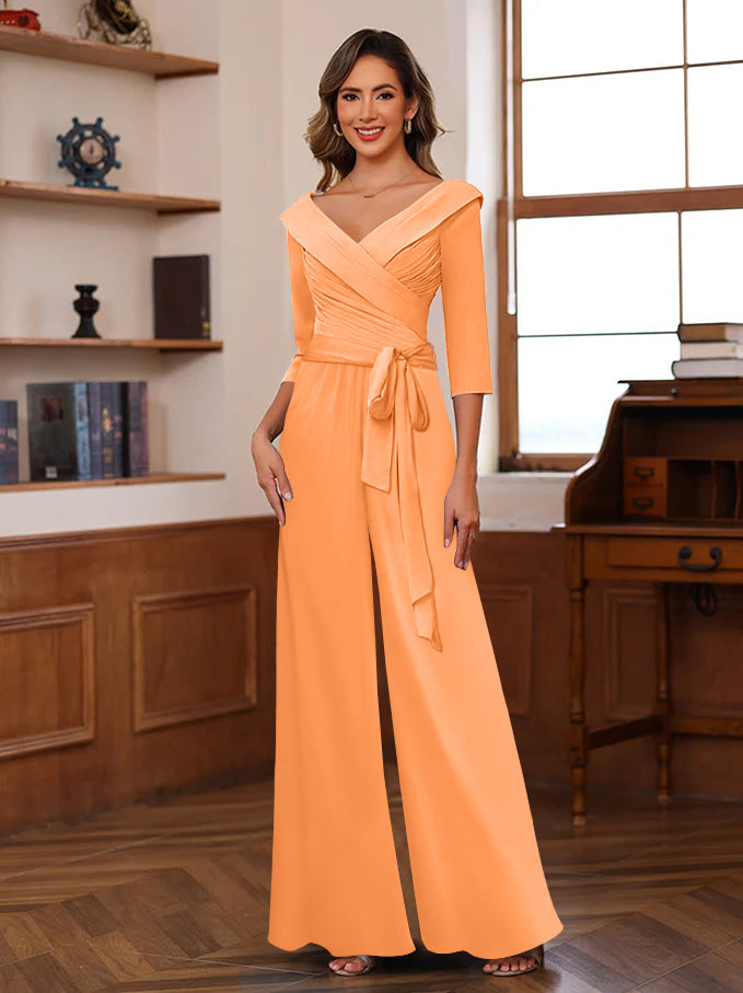 Ruched Chiffon V-Neck 3/4 Sleeves Mother of the Jumpsuit