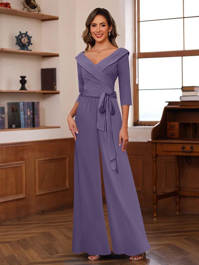 Ruched Chiffon V-Neck 3/4 Sleeves Mother of the Jumpsuit