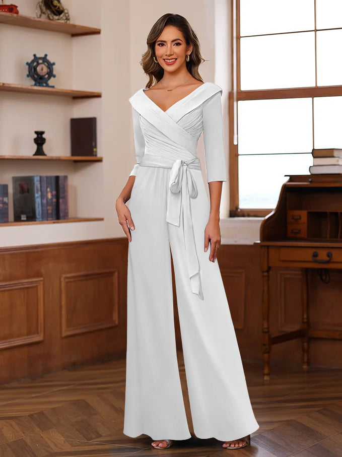 Ruched Chiffon V-Neck 3/4 Sleeves Mother of the Jumpsuit