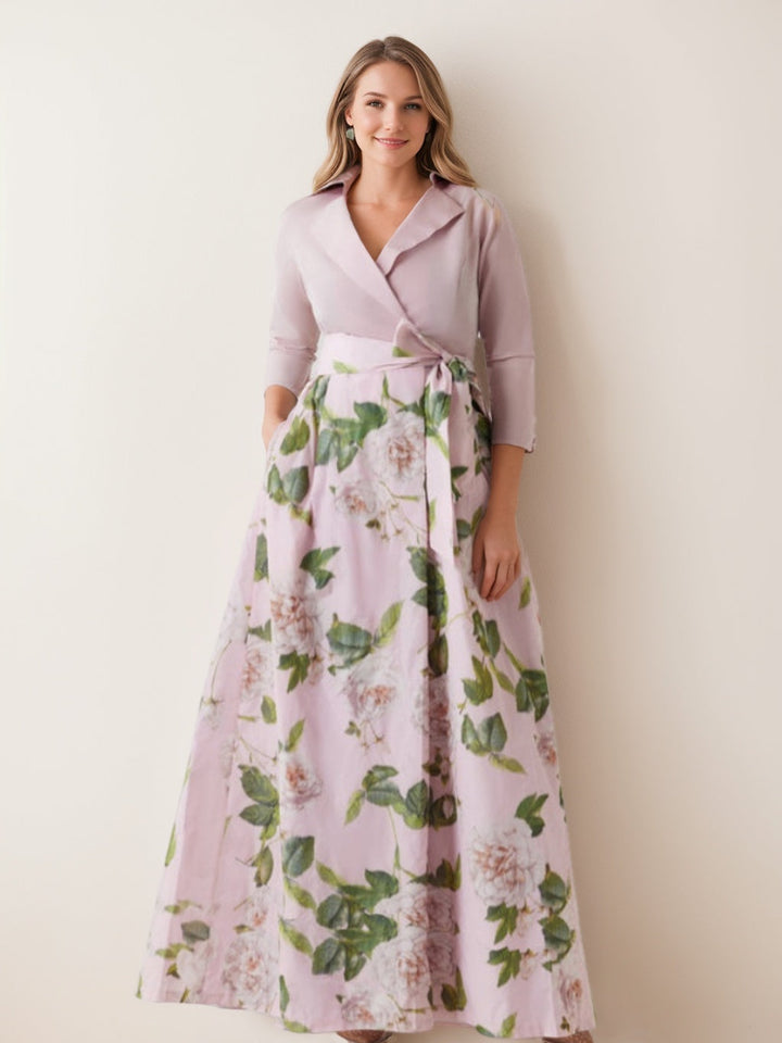 A-Line/Princess V-Neck 3/4 Sleeves Printed Floral Plus Size Mother of the Bride Dresses with Bow Belt