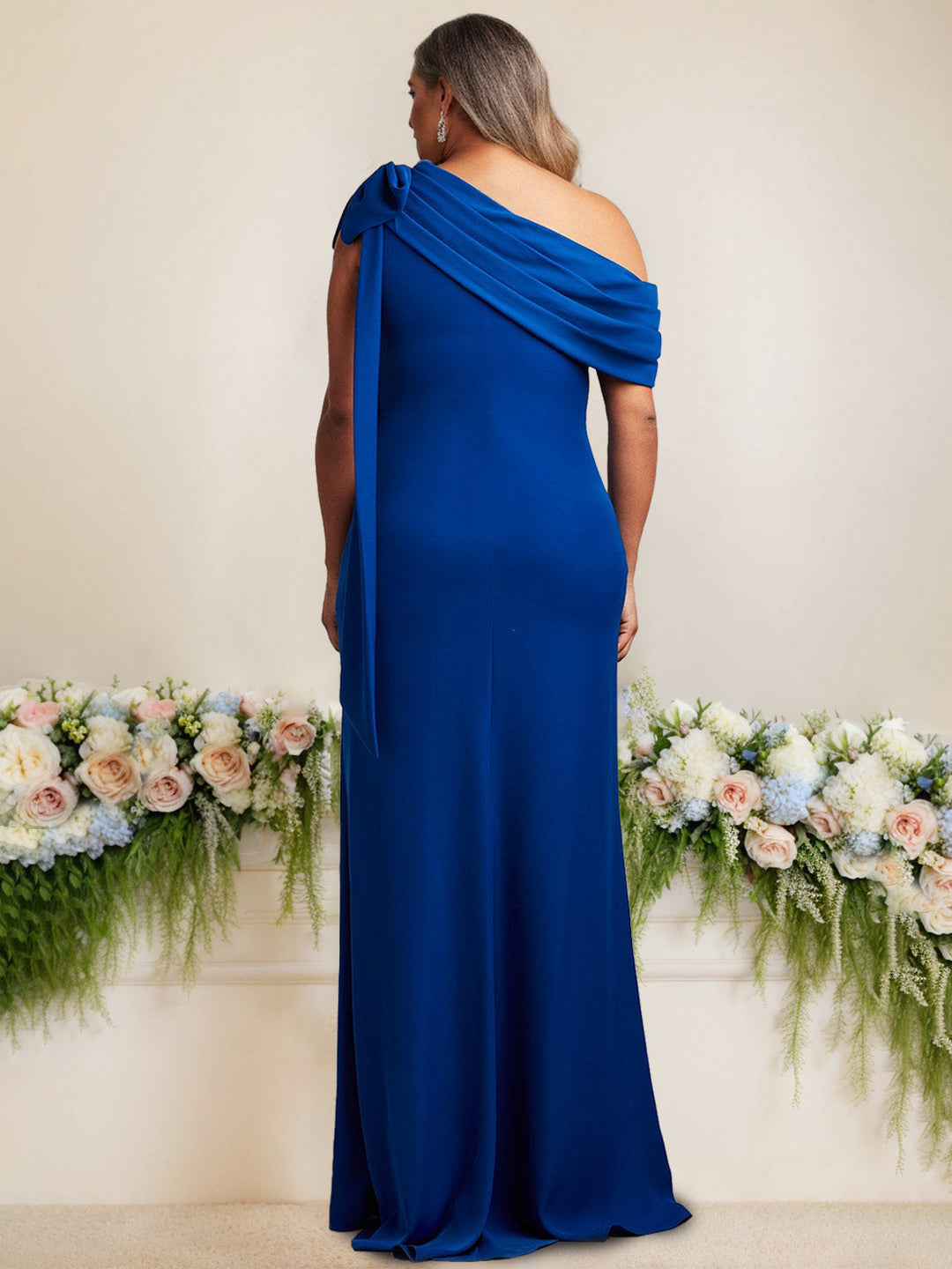 Sheath/Column One-Shoulder Floor-Length Satin Plus Size Mother of the Bride Dresses with bow