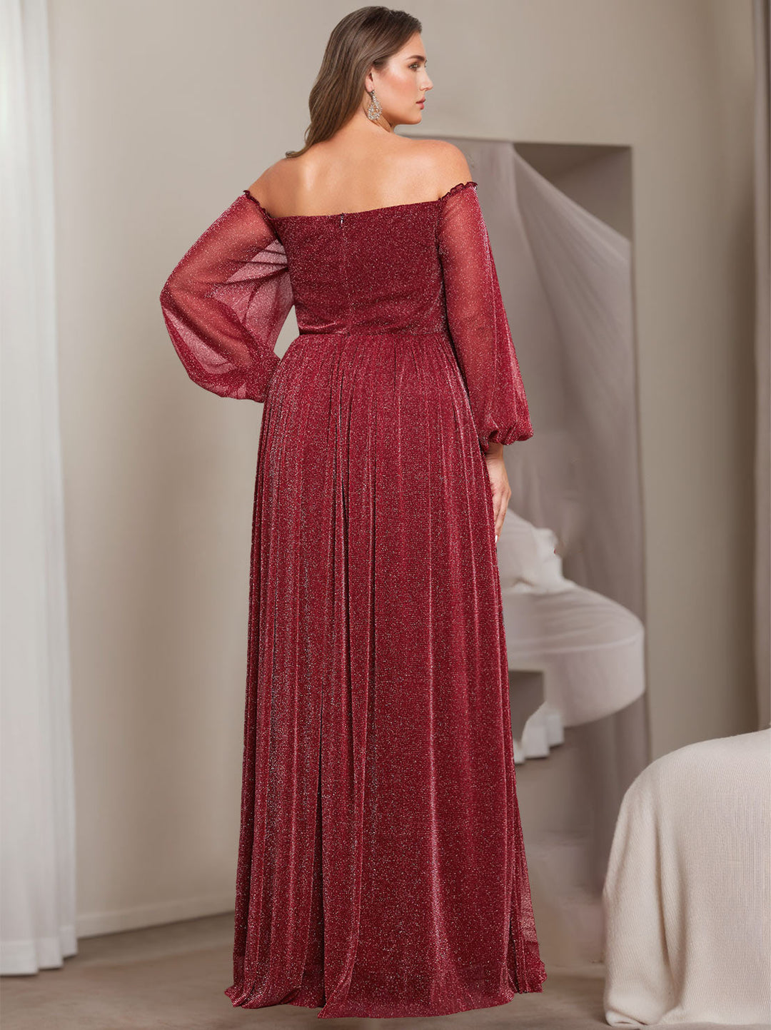 A-Line/Princess Off-the-Shoulder Long Sleeves Floor-Length Plus Size Mother of e Bride Dresses with Ruffles