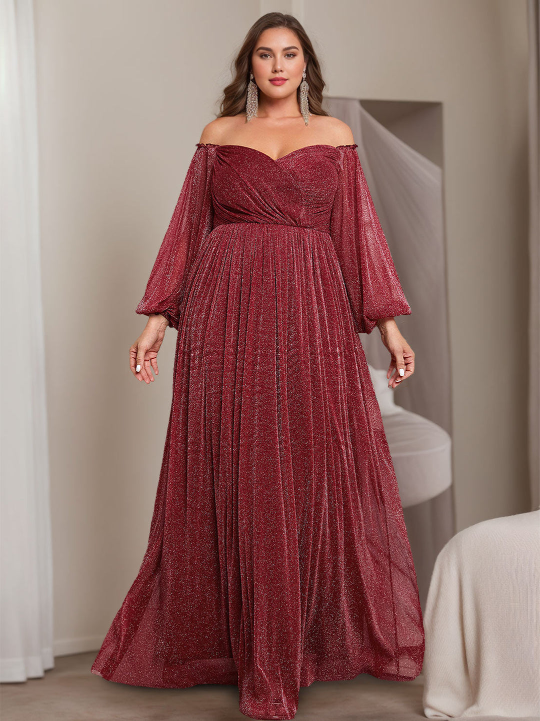 A-Line/Princess Off-the-Shoulder Long Sleeves Floor-Length Plus Size Mother of e Bride Dresses with Ruffles