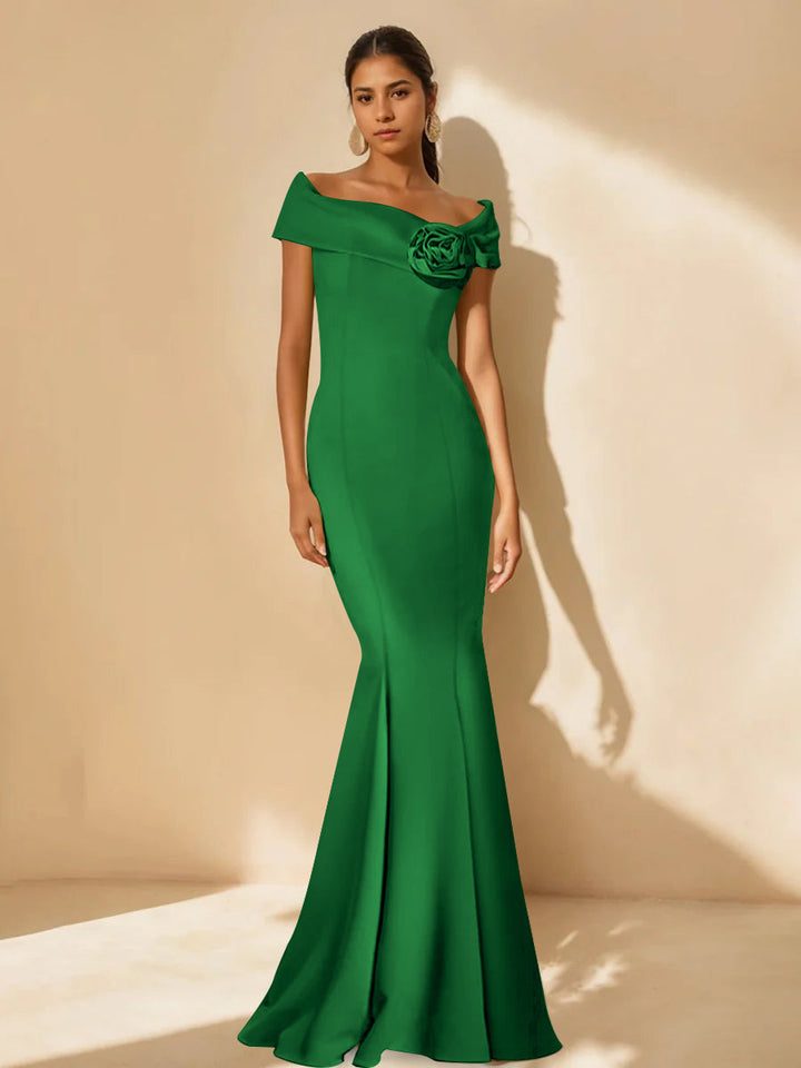 Trumpet/Mermaid Off-the-Shoulder Minimalist Mother of the Bride Dresses with Detachable Flower
