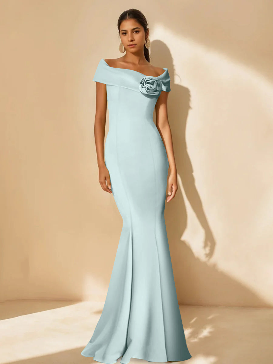 Trumpet/Mermaid Off-the-Shoulder Minimalist Mother of the Bride Dresses with Detachable Flower