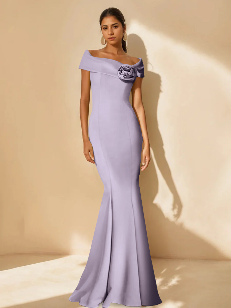 Trumpet/Mermaid Off-the-Shoulder Minimalist Mother of the Bride Dresses with Detachable Flower