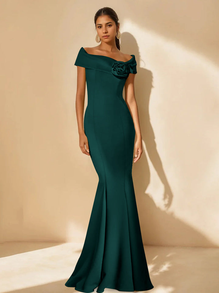 Trumpet/Mermaid Off-the-Shoulder Minimalist Mother of the Bride Dresses with Detachable Flower