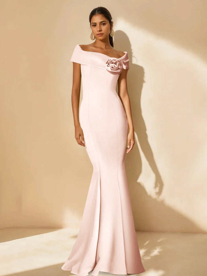Trumpet/Mermaid Off-the-Shoulder Minimalist Mother of the Bride Dresses with Detachable Flower
