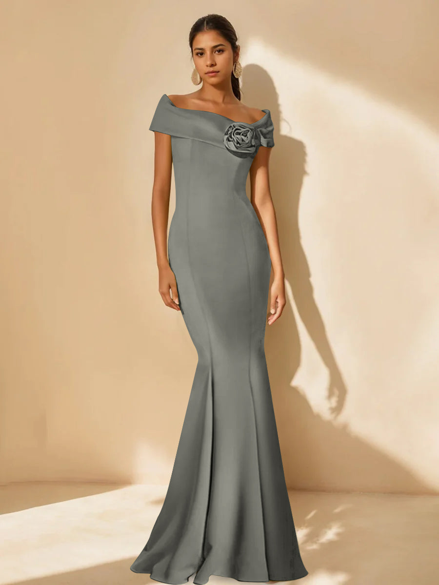 Trumpet/Mermaid Off-the-Shoulder Minimalist Mother of the Bride Dresses with Detachable Flower