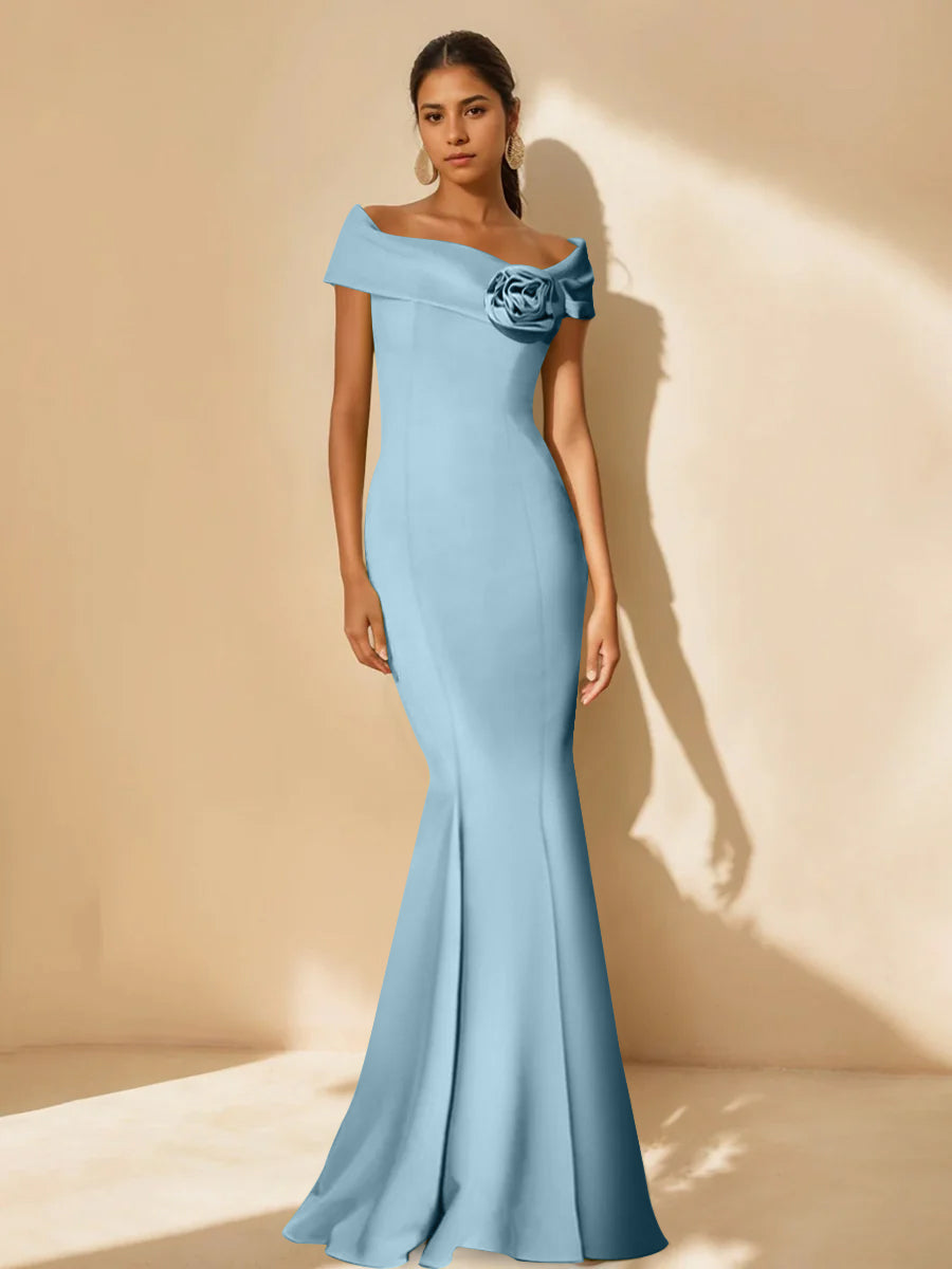 Trumpet/Mermaid Off-the-Shoulder Minimalist Mother of the Bride Dresses with Detachable Flower