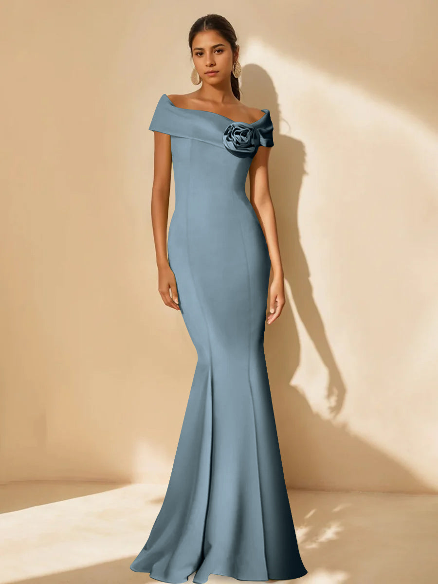 Trumpet/Mermaid Off-the-Shoulder Minimalist Mother of the Bride Dresses with Detachable Flower