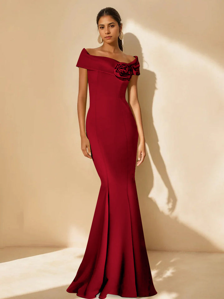 Trumpet/Mermaid Off-the-Shoulder Minimalist Mother of the Bride Dresses with Detachable Flower