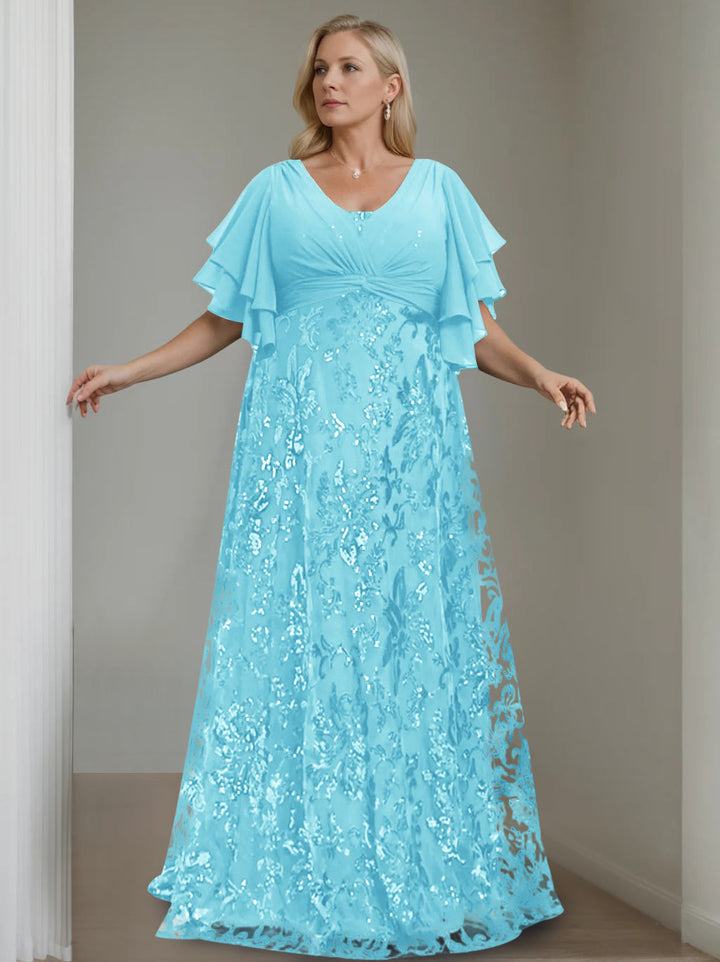 A-Line/Princess V-Neck Half Sleeves Floor-Length Plus Size Mother of the Bride Dresses with Sequins
