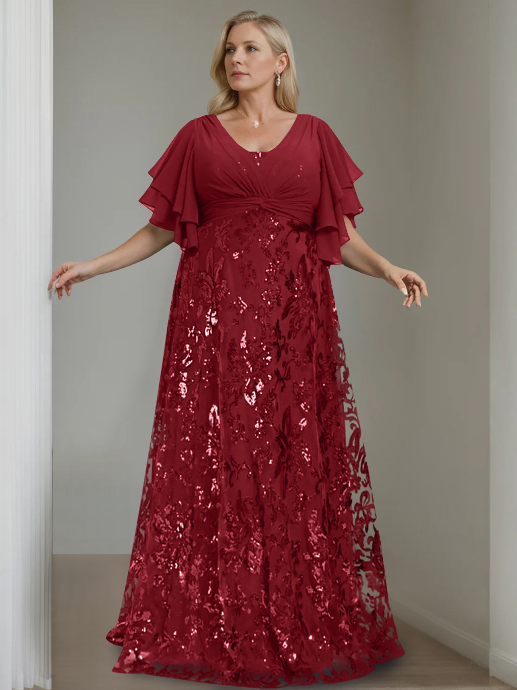 A-Line/Princess V-Neck Half Sleeves Floor-Length Plus Size Mother of the Bride Dresses with Sequins