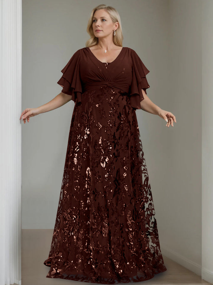 A-Line/Princess V-Neck Half Sleeves Floor-Length Plus Size Mother of the Bride Dresses with Sequins