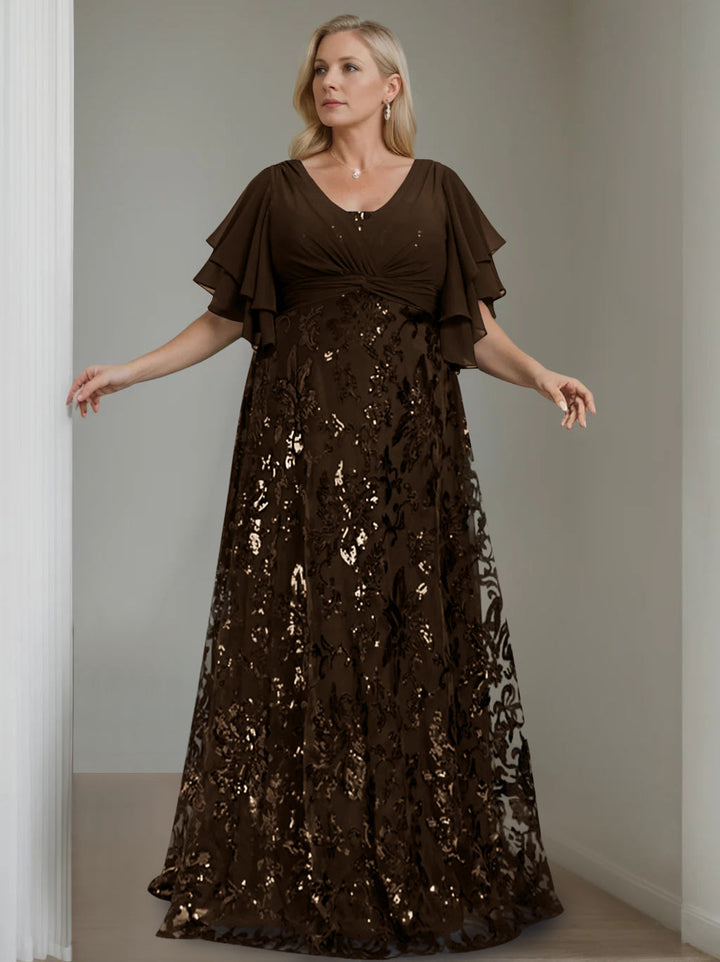 A-Line/Princess V-Neck Half Sleeves Floor-Length Plus Size Mother of the Bride Dresses with Sequins