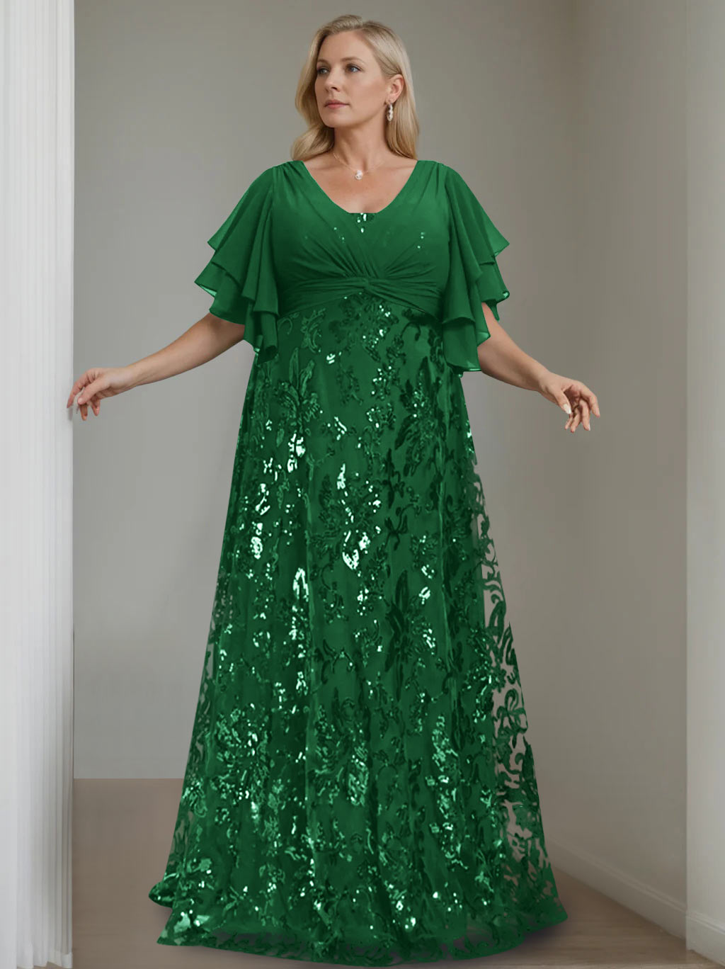 A-Line/Princess V-Neck Half Sleeves Floor-Length Plus Size Mother of the Bride Dresses with Sequins