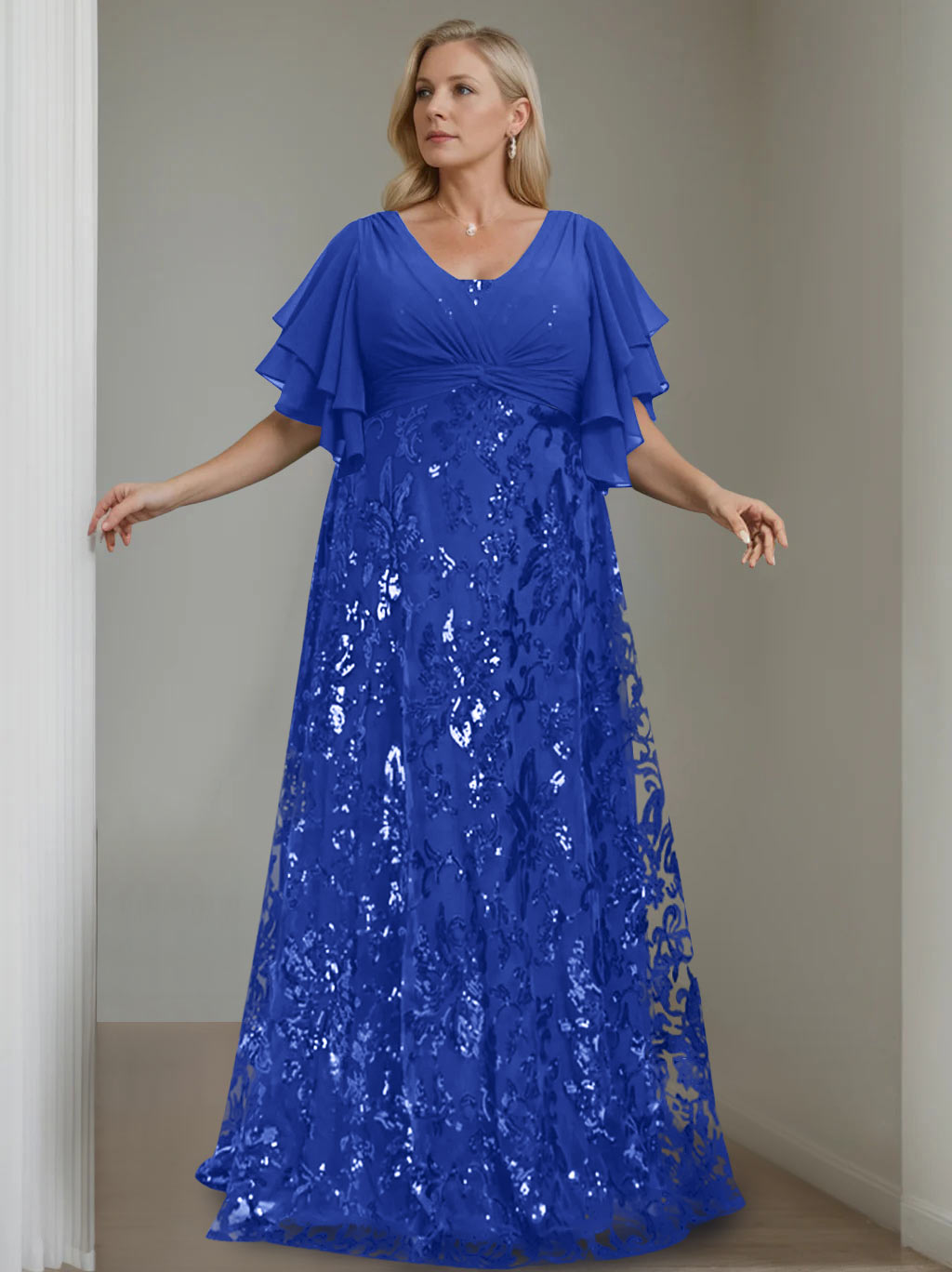 A-Line/Princess V-Neck Half Sleeves Floor-Length Plus Size Mother of the Bride Dresses with Sequins