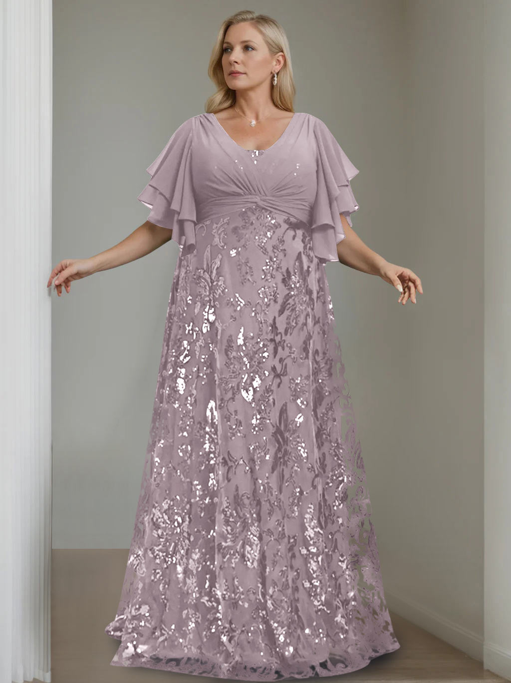 A-Line/Princess V-Neck Half Sleeves Floor-Length Plus Size Mother of the Bride Dresses with Sequins