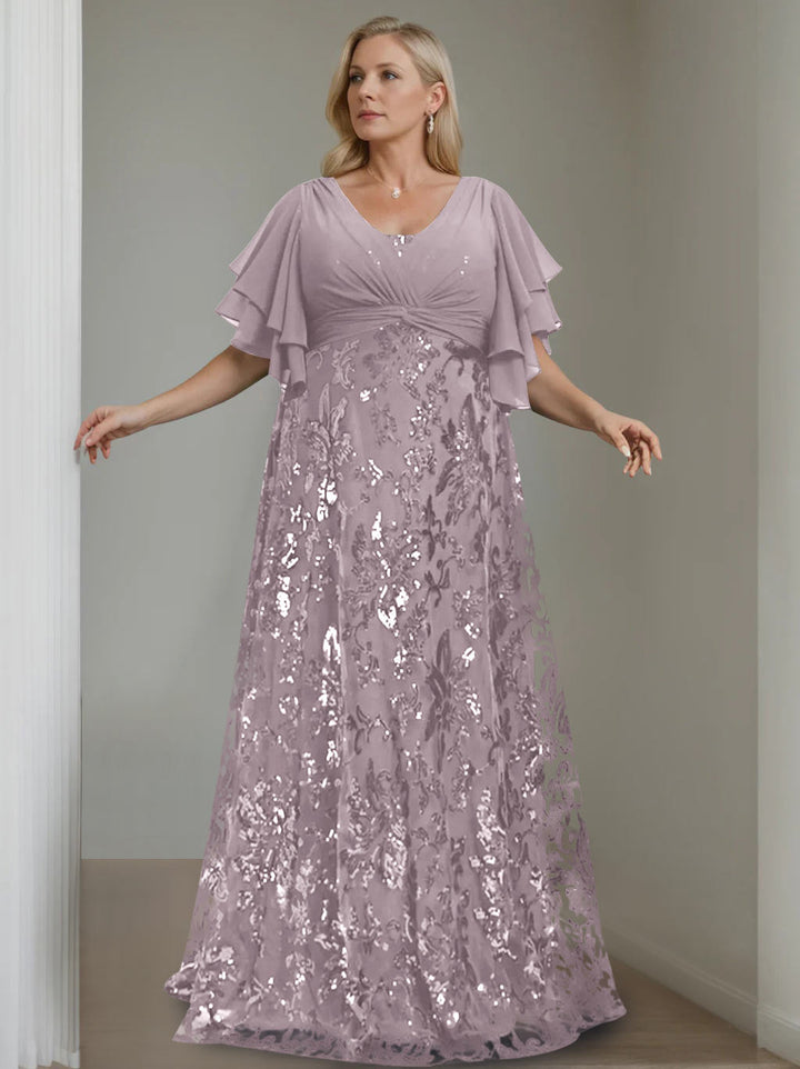 A-Line/Princess V-Neck Half Sleeves Floor-Length Plus Size Mother of the Bride Dresses with Sequins