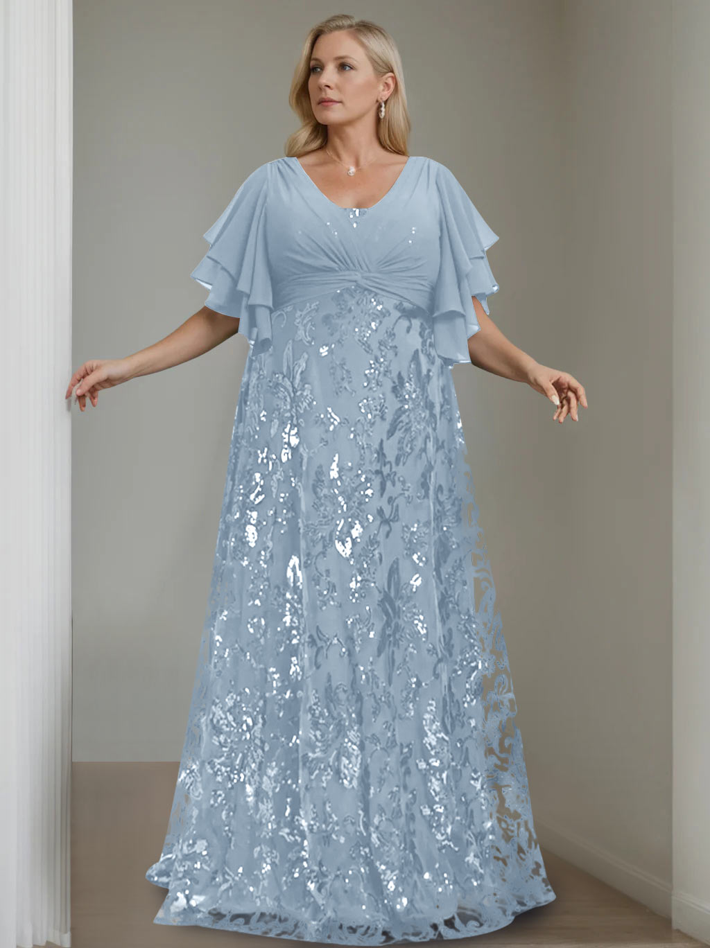 A-Line/Princess V-Neck Half Sleeves Floor-Length Plus Size Mother of the Bride Dresses with Sequins