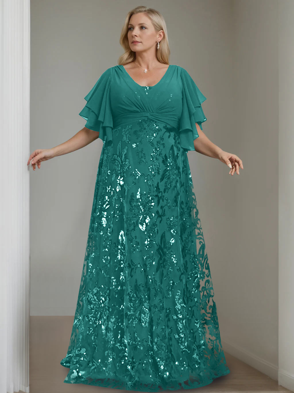 A-Line/Princess V-Neck Half Sleeves Floor-Length Plus Size Mother of the Bride Dresses with Sequins