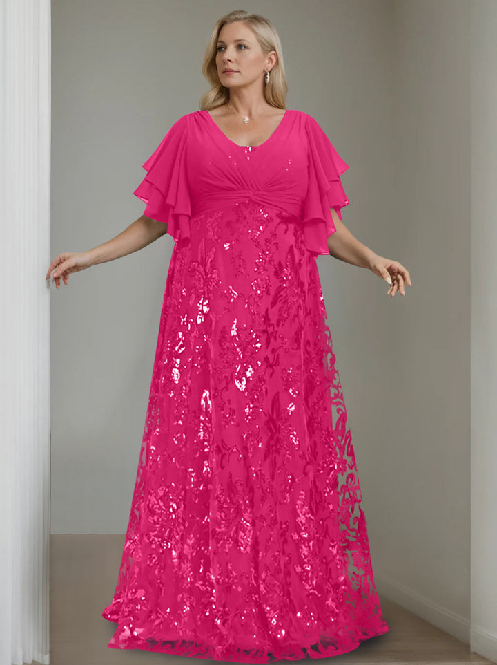 A-Line/Princess V-Neck Half Sleeves Floor-Length Plus Size Mother of the Bride Dresses with Sequins