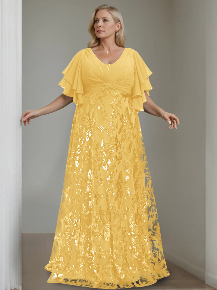 A-Line/Princess V-Neck Half Sleeves Floor-Length Plus Size Mother of the Bride Dresses with Sequins