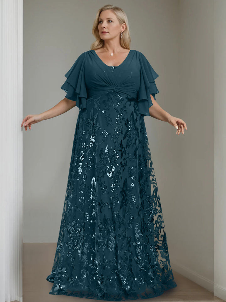 A-Line/Princess V-Neck Half Sleeves Floor-Length Plus Size Mother of the Bride Dresses with Sequins