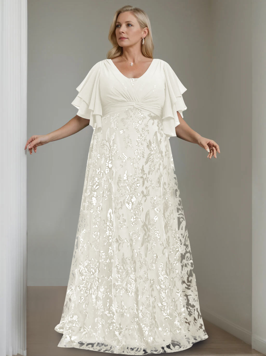 A-Line/Princess V-Neck Half Sleeves Floor-Length Plus Size Mother of the Bride Dresses with Sequins