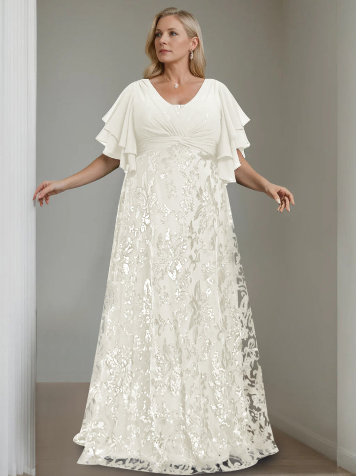 A-Line/Princess V-Neck Half Sleeves Floor-Length Plus Size Mother of the Bride Dresses with Sequins