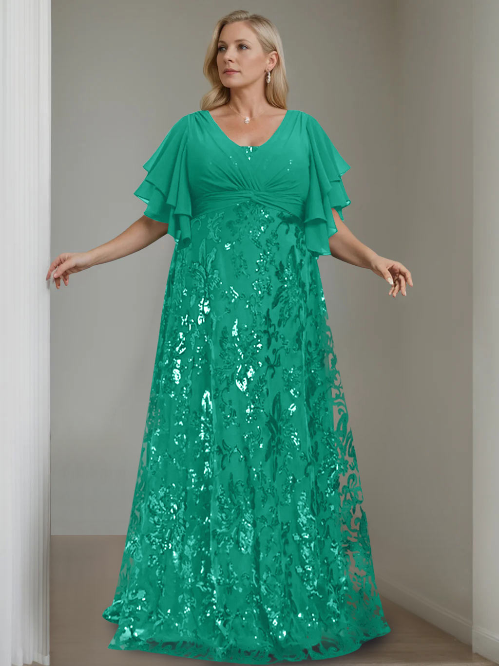 A-Line/Princess V-Neck Half Sleeves Floor-Length Plus Size Mother of the Bride Dresses with Sequins