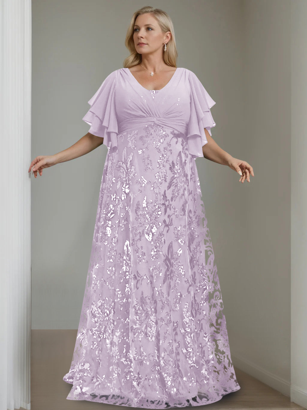 A-Line/Princess V-Neck Half Sleeves Floor-Length Plus Size Mother of the Bride Dresses with Sequins