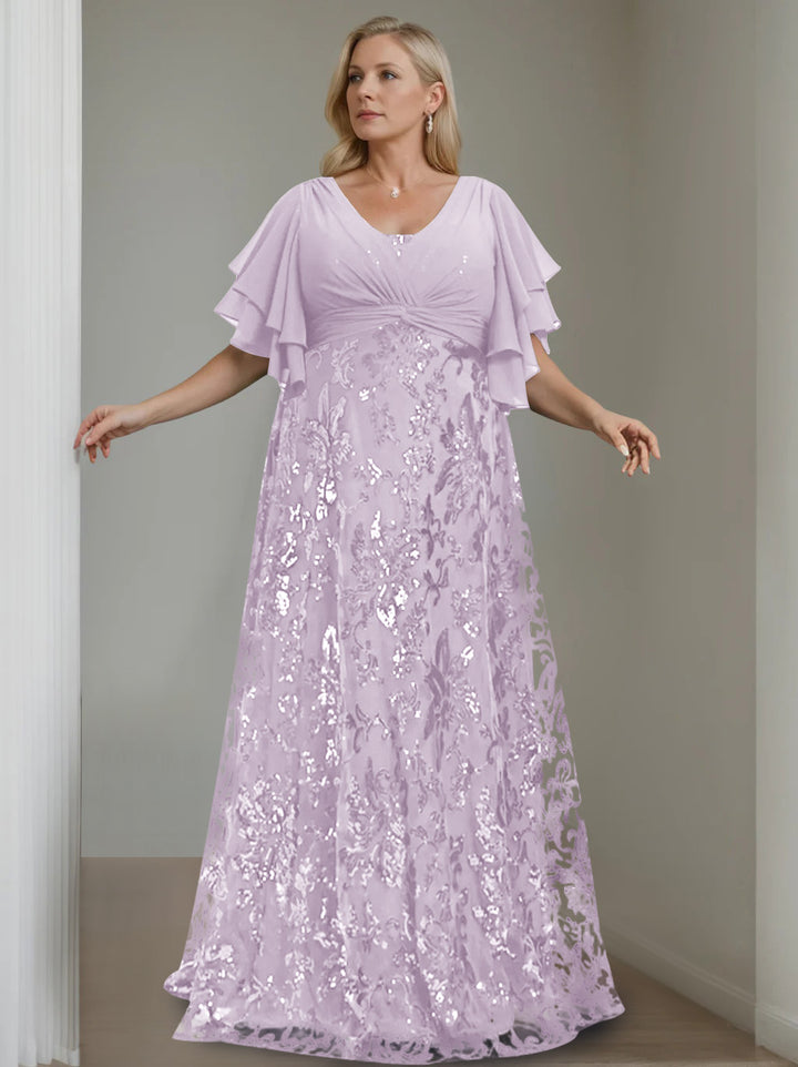 A-Line/Princess V-Neck Half Sleeves Floor-Length Plus Size Mother of the Bride Dresses with Sequins