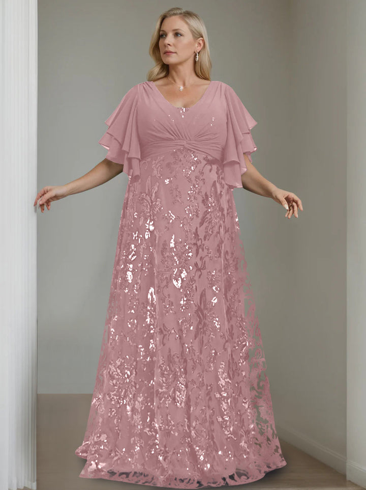 A-Line/Princess V-Neck Half Sleeves Floor-Length Plus Size Mother of the Bride Dresses with Sequins