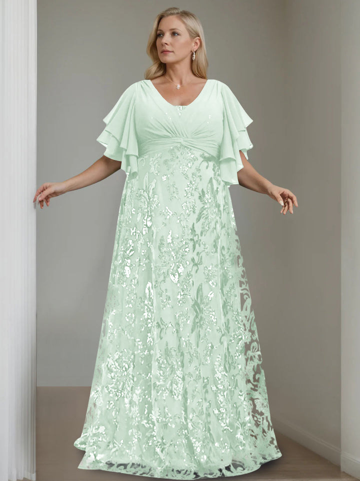 A-Line/Princess V-Neck Half Sleeves Floor-Length Plus Size Mother of the Bride Dresses with Sequins
