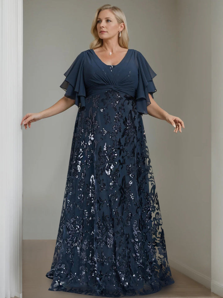 A-Line/Princess V-Neck Half Sleeves Floor-Length Plus Size Mother of the Bride Dresses with Sequins
